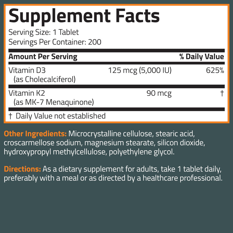 Bronson Vitamin K2 D3 (MK7) Supplement 2-in-1 D3 & K2 Complex, 200 Tablets | Bone, Immune & Heart Health Support, Gluten-Free, Soy-Free, Non-GMO, Vitamin D3 5000 IU (125 mcg) & 90 mcg K2 MK-7 200 Count (Pack of 1)