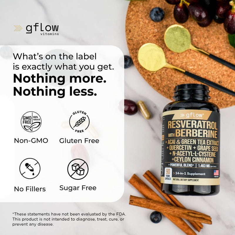 gflow vitamins Resveratrol Supplement with Berberine Green Tea Extract, Ceylon Cinnamon, Grape Seed & Quercetin1000mg Quercetin, N Acetyl cysteine, Acai | 100% Natural, Max Strength | Made in USA