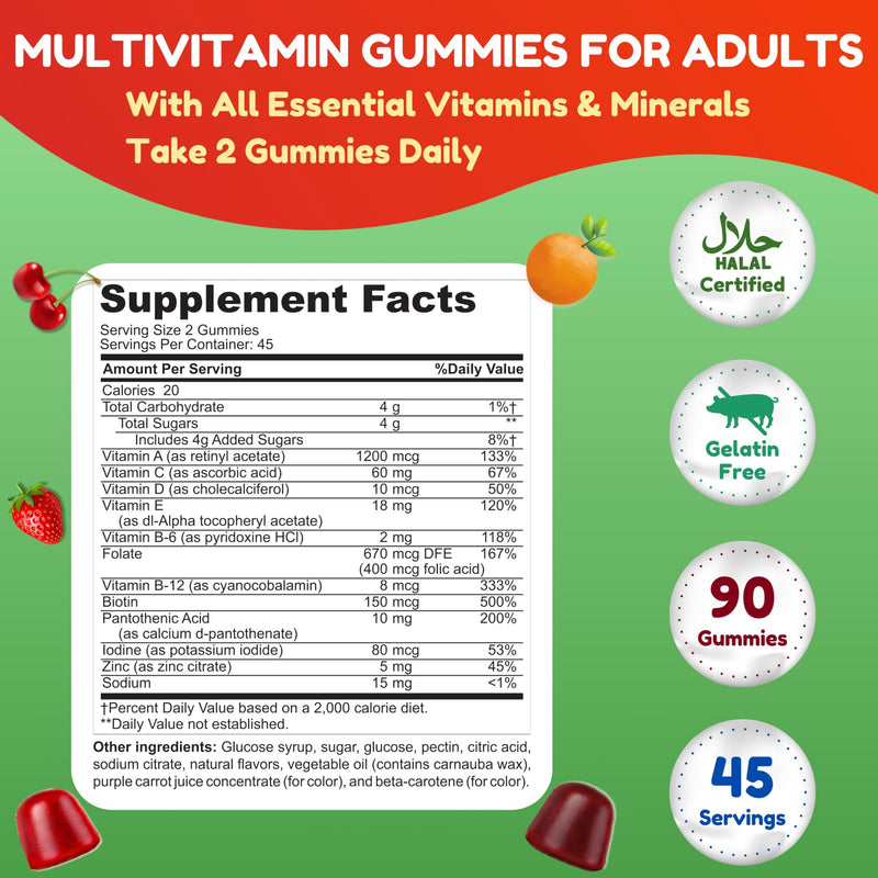 Halal & Vegetarian Multivitamin Gummies for Adults, 45 Servings. With 12 Essential Vitamins & Minerals. Gelatin & Gluten Free. Non GMO Gummy Vitamins for Women & Men Support Immune & Overall Wellness