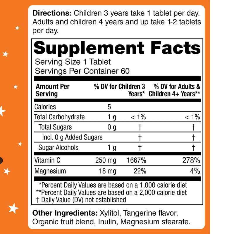 KidStar Nutrients Vitamin C Chewable Tablet, Sugar-Free, Tangerine Flavor, 250mg Magnesium Ascorbate, 60 CT