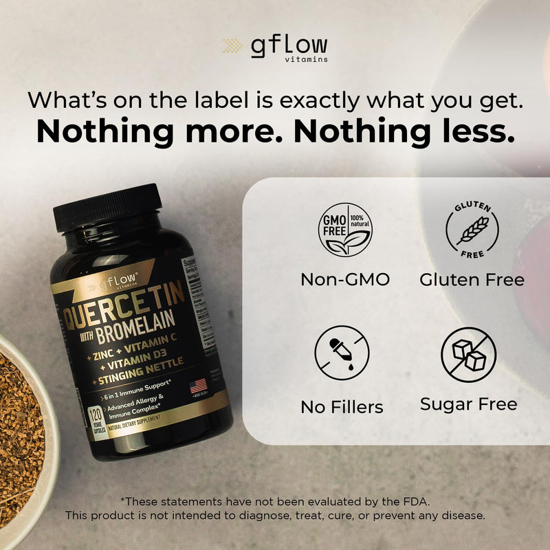 gflow vitamins Quercetin with Bromelain, Stinging Nettle Supplement, Zinc Vitamin C Vitamin D | Non-GMO, Gluten-Free | Made in USA | 4 Months Supply 120 Count (Pack of 2)