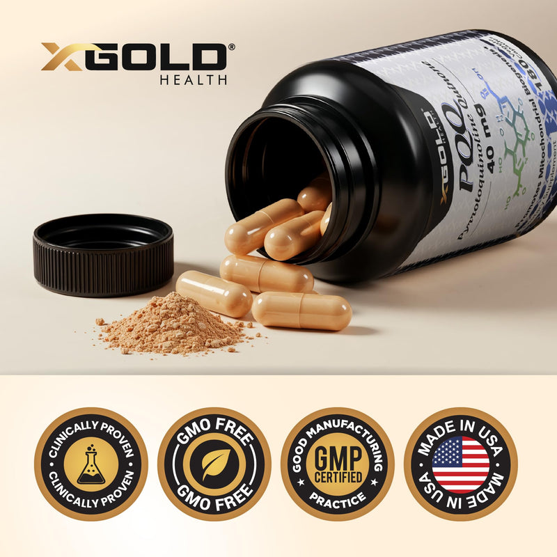 X Gold Health PQQ 40mg Supplement – Mitochondrial Energy Booster & Cellular Energy Support – Pyrroloquinoline Quinone – Brain & Focus Support – Non-GMO, Gluten-Free – 180 Veg Capsules 180 Count (Pack of 1)