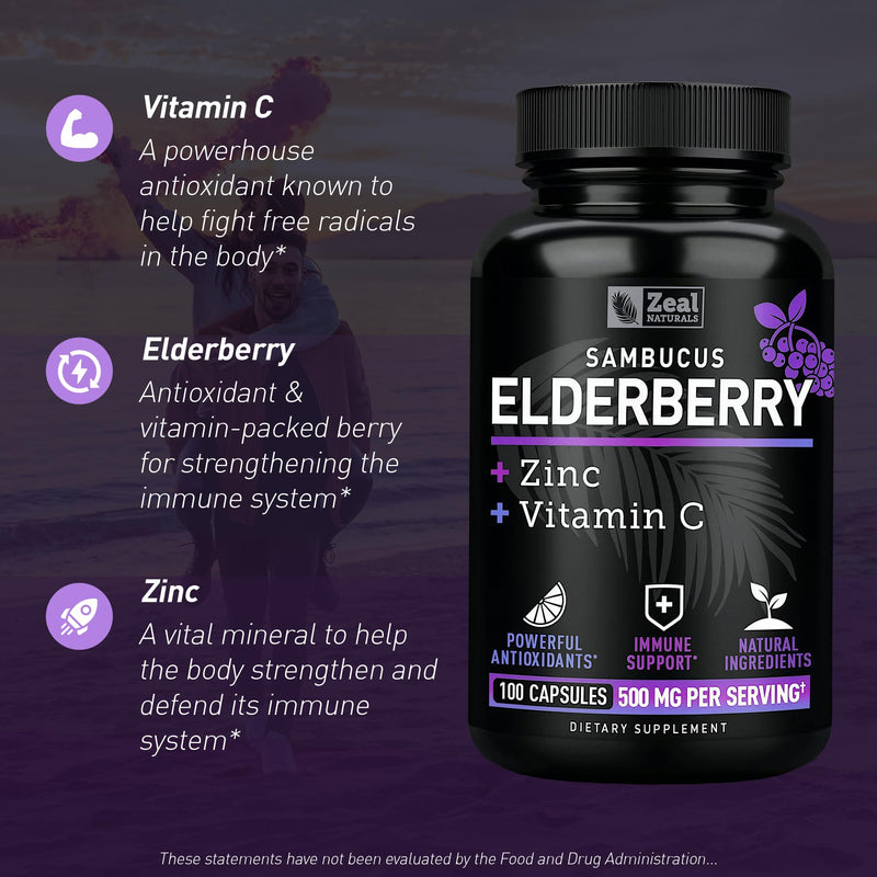 Zeal Naturals Max Strength Elderberry Capsules - 2000mg, 100 Capsules | Sambucus Black Elderberry, Vitamin C, and Zinc | 3-in-1 Immune Support Supplement for Adults