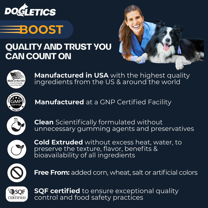 Boost Active Dog Support: Improve Energy, Endurance, Recovery & Longevity- 90ct USA Made with Real Bacon Boost