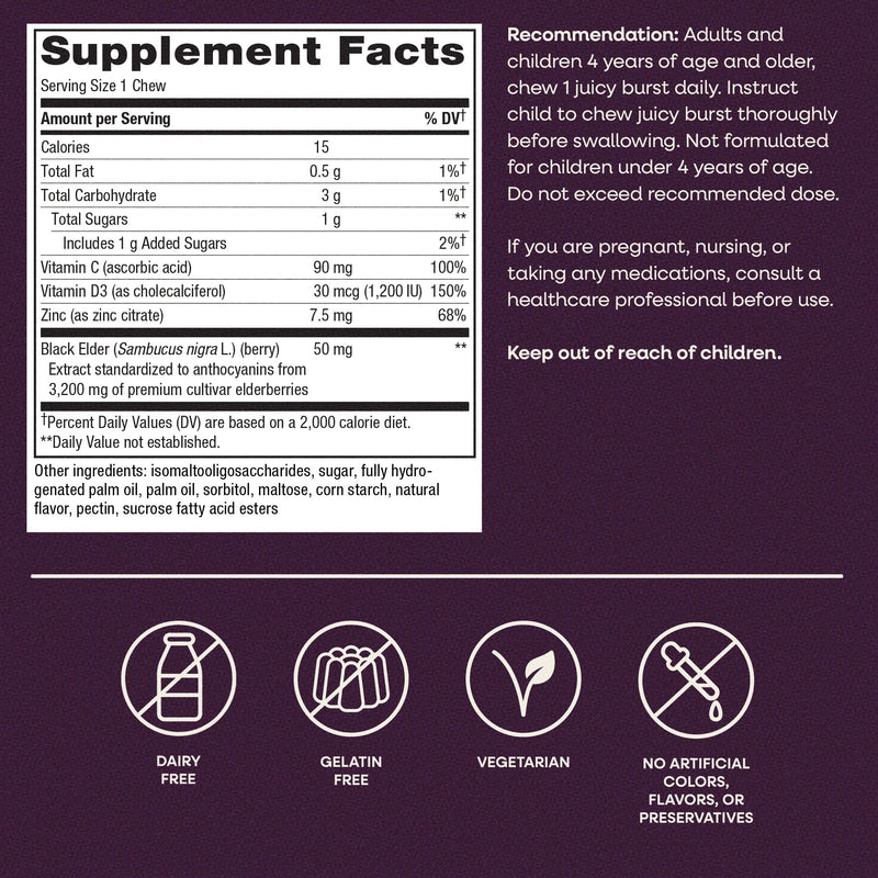 Nature's Way Sambucus Ultra Immune Juicy Burst Chews*, Berry, 30 ct | Immune Support Chews with Extra-Strength Formula(1)*, Elderberry Chews with Vitamin D3, Vitamin C & Zinc, Elderberry Extract