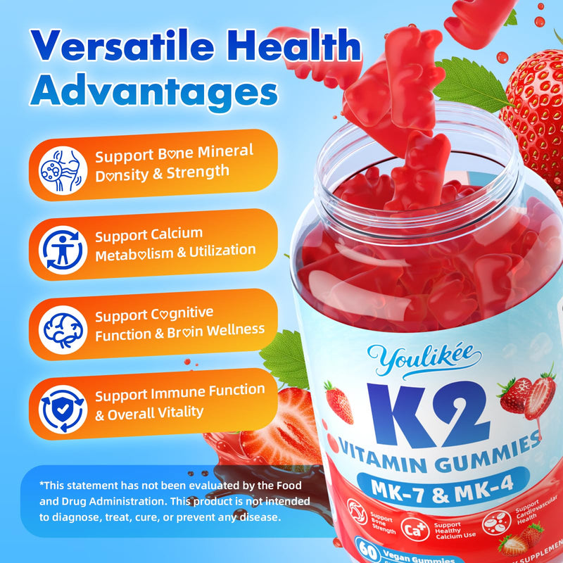 Vitamin K2 Gummies, Dual Formula Vitamin K2 Supplement with MK-7 & MK-4, Supports Bone Health, Gluten-Free, Sugar-Free, Non-GMO, Strawberry Flavor, 60 Gummies 60 Count (Pack of 1)