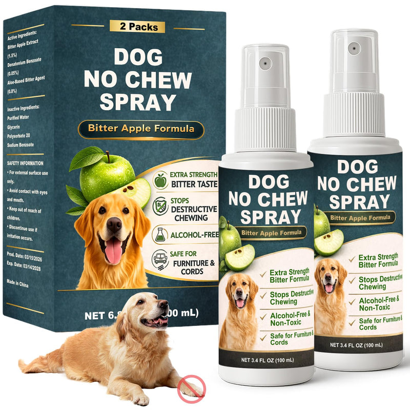 Bitter Apple Spray for Dogs, 2 Pack No Chew Spray to Stop Chewing, Biting & Licking, Natural Dog Deterrent Spray for Furniture, Shoes, Cords & Household Items, Safe Training Aid for Puppies