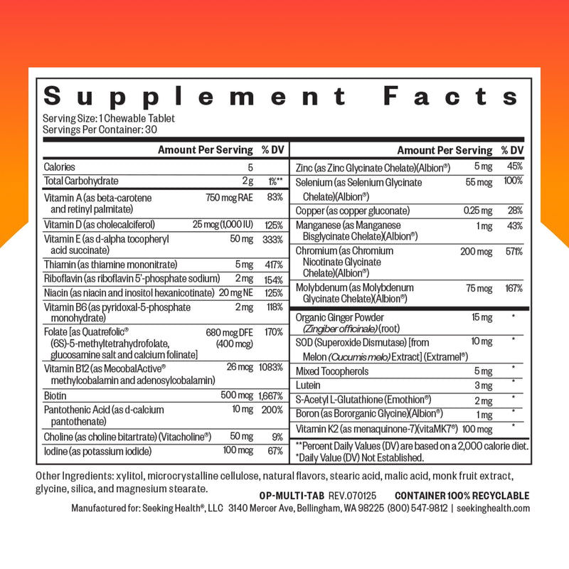 Seeking Health Optimal Multivitamin Chewable - Immune Support Supplement with L-5-MTHF, Vitamin B12 & Vitamin D3 - Multivitamin with Antioxidant Ingredients for Energy Production Support - 30 Tablets