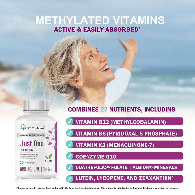 NatureGenX Just One Daily Methylated Multivitamin, 60 Capsules | Iron-Free with Methyl B12 & Methylfolate, Methylation Support for Men & Women, Vegan, Gluten-Free, Non-GMO 1