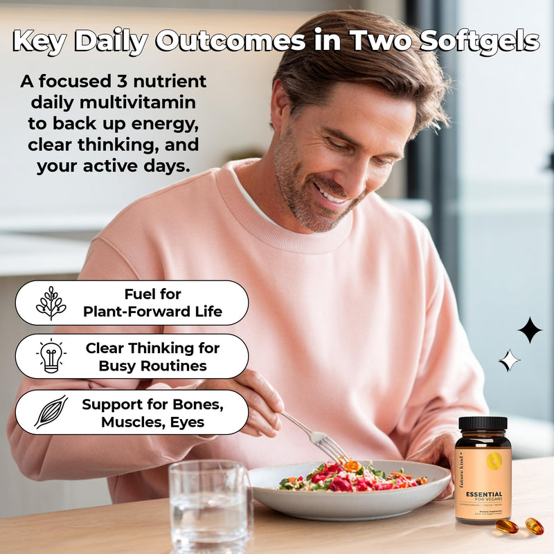 Future Kind 3 in 1 Daily Multivitamin - for Energy, Clarity, Active Wellness Support with B12, D3, and Algal Omega-3 - Essential Vegan Multivitamin for Women & Men - Tiny Citrus Softgels (60 Count)