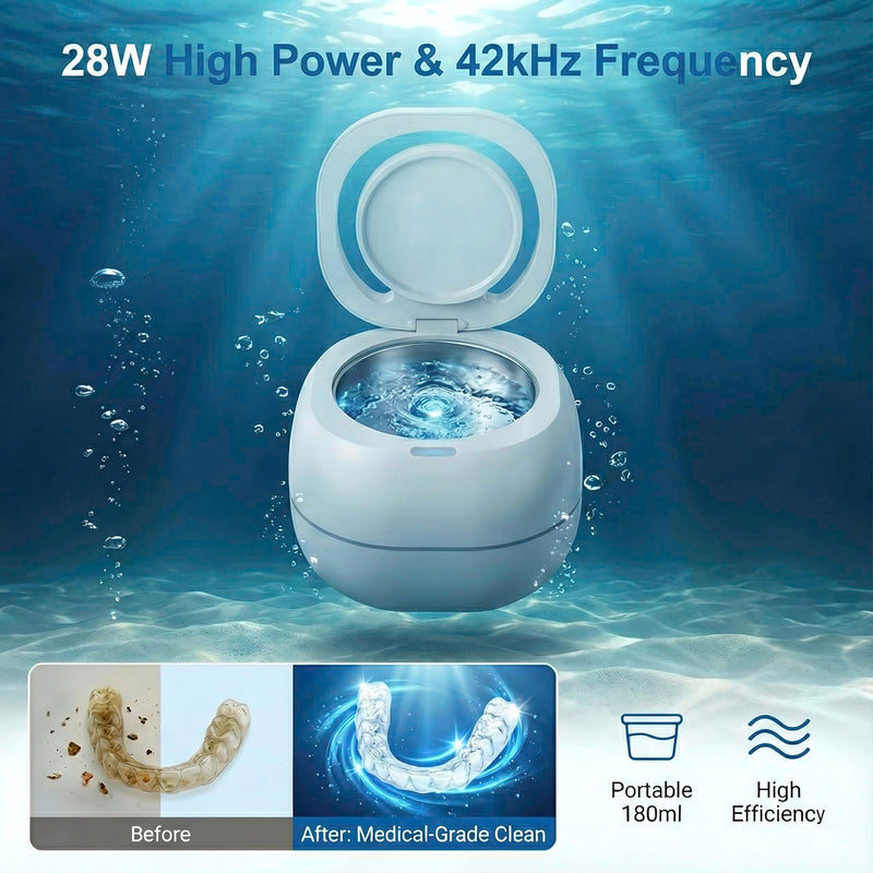 Ultrasonic Retainer Cleaner Machine, White, 42KHZ Dental Cleaning Pod For Denture, Toothbrush Heads,Jewelry, Braces, Digital Timer with 2 Modes, 180ML,304 stainless steel inner liner - BeesActive Australia