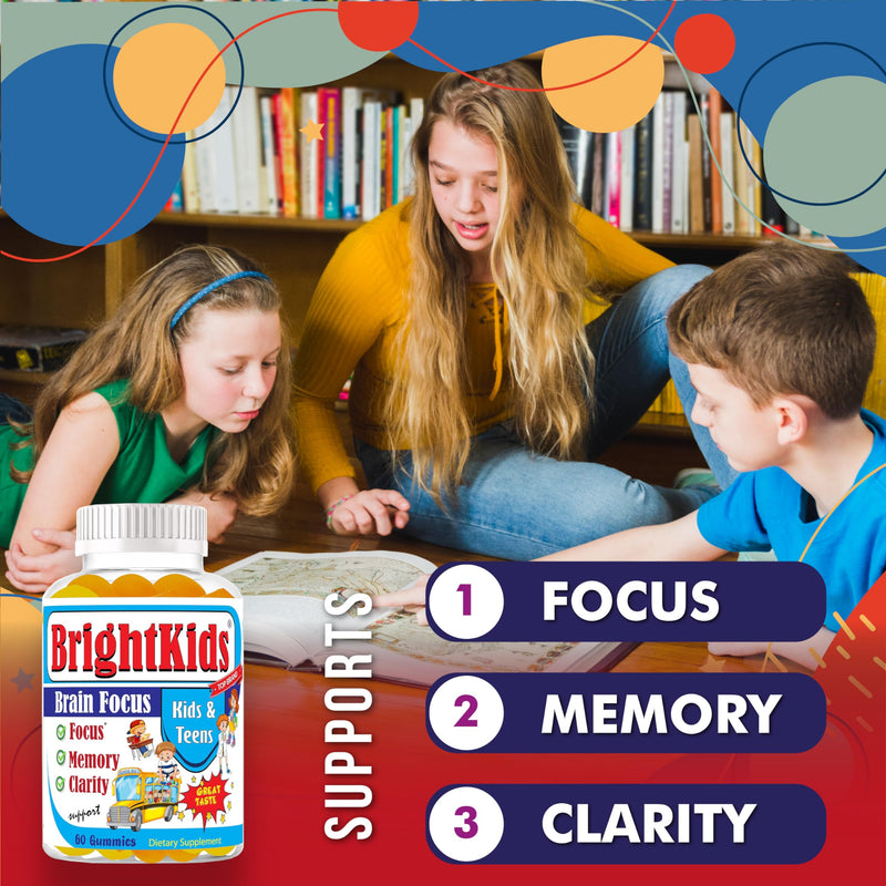 BrightKids Focus Gummies for Kids & Teens – Brain Gummies for Memory and Focus, Omega 3 DHA Brain Vitamins for Kids, Attention & Learning Support Childrens Vitamins, Drug-Free, Made in USA, 60 Count
