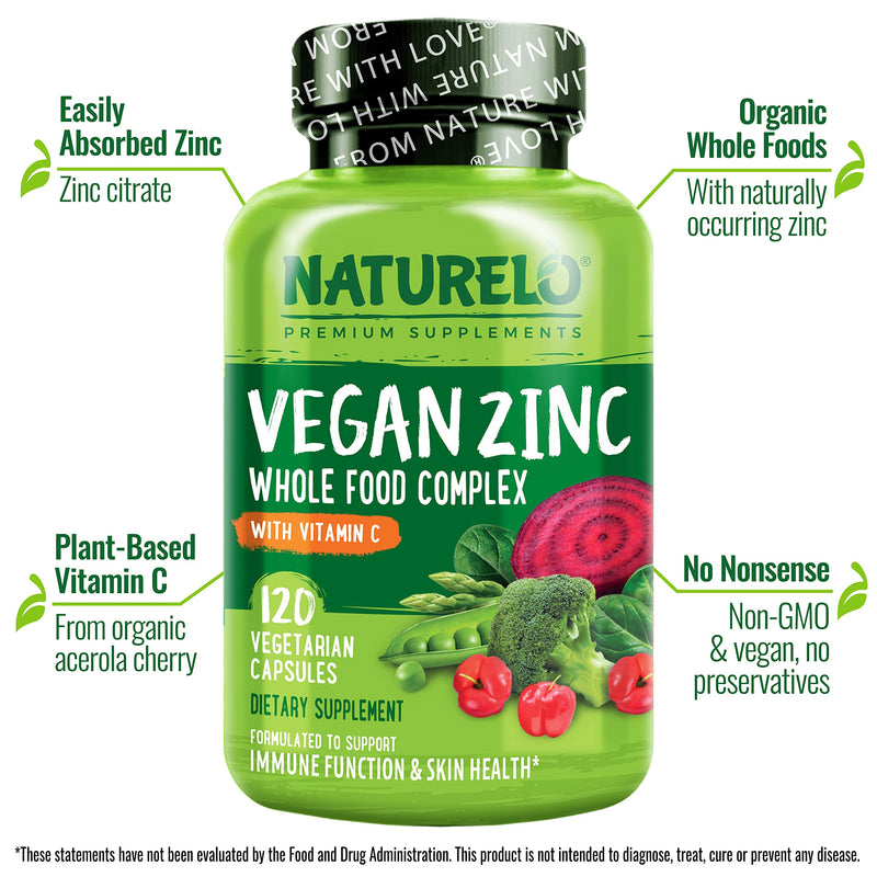 NATURELO Vegan Zinc Immune Support Capsules with Vitamin C 120 Capsules 2Pk | Whole food complex, for healthy skin, hair, and nails, immune system support Unflavored 120 Count (Pack of 2)