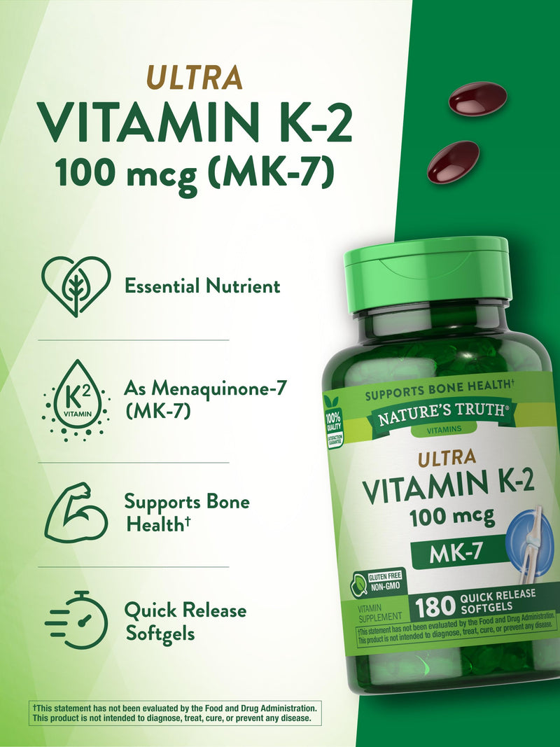 Nature's Truth Vitamin K2 MK7 Complex | 100 mcg | 180 Softgels | Non-GMO & Gluten Free Supplement - BeesActive Australia