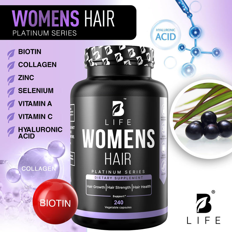 B Life Company Hair Vitamins for Hair Loss for Women – Biotin for Hair Growth – Hair Loss Treatments for Women – Healthy Hair Skin and Nails –240 Capsules – 60 Servings Biotin Vitamins 240 Capsules