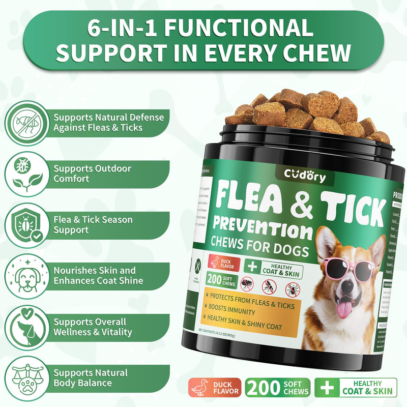 Flea and Tick Prevention for Dogs Chews, Dog Flea Chewables with Skin & Coat Support – Oral Supplement for All Breeds & Ages – Natural Duck & Chicken & Cheese Flavor