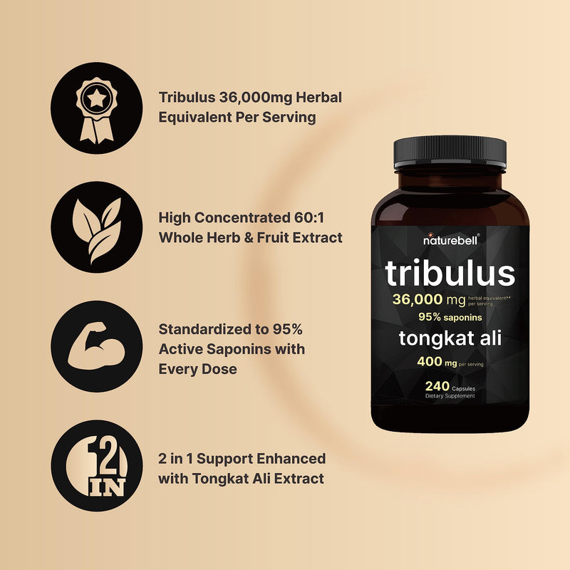 Tribulus Terrestris 36,000mg with Tongkat Ali 400mg Per Serving for Men, 240 Capsules – 95% Steroidal Saponins & Eurycoma Longifolia, Plant Source, Extra Highly Concentrated, Non-GMO, No Gluten - BeesActive Australia