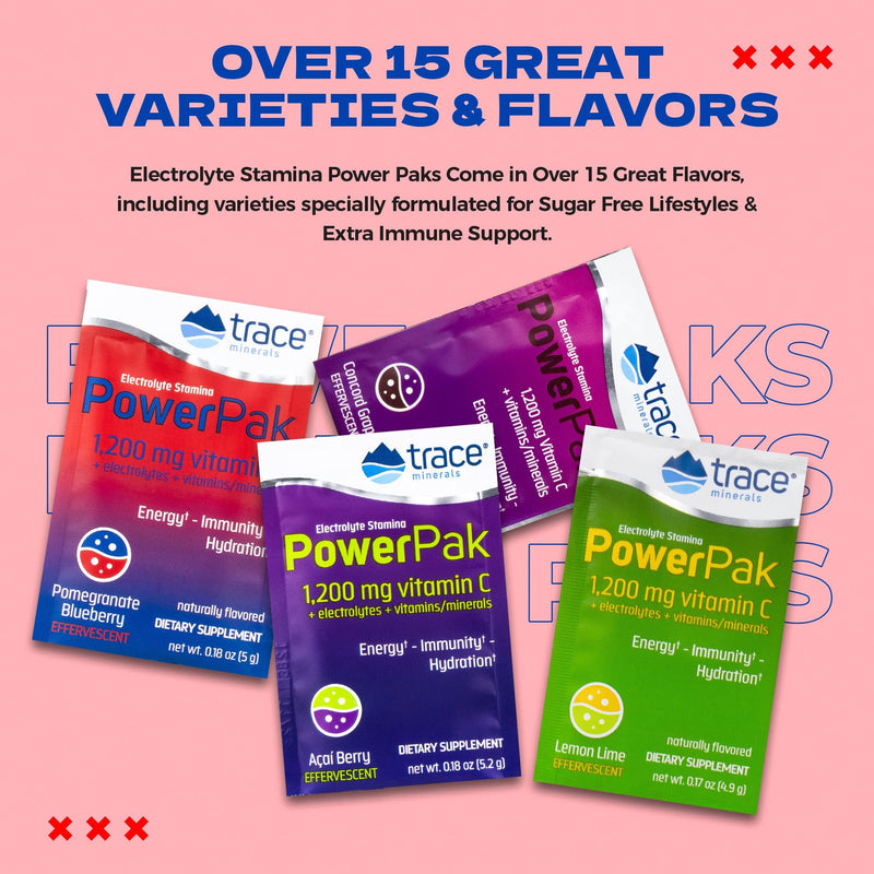 Trace Minerals | Power Pak Electrolyte Powder Packets | 1200 mg Vitamin C, Zinc, Magnesium | Boost Immunity, Hydration and Natural Energy | Pomegranate Blueberry | 30 Packets - BeesActive Australia