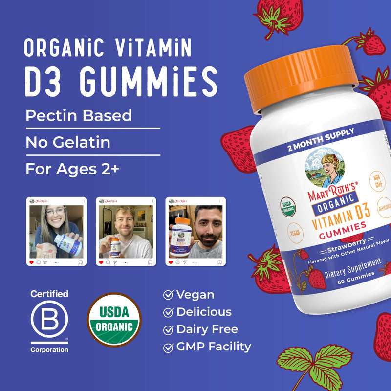 MARYRUTH'S Organic Vitamin D3 Gummies, 1000 IU, Immune Support, 60 Count | USDA Organic, Immune Support, Bone Health, Muscle Function, For Adults & Kids Ages 2+
