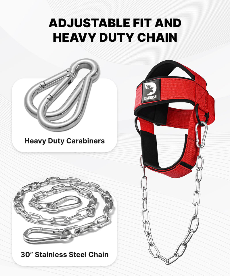 DMoose Fitness Neck Harness for Weight Lifting - Soft Padded Head & Chin Strap with 30" Heavy Duty Steel Chain - Neck Exerciser, Trainer & Strengthener to Support Injury Recovery and Intense Workouts With Support Strap Red
