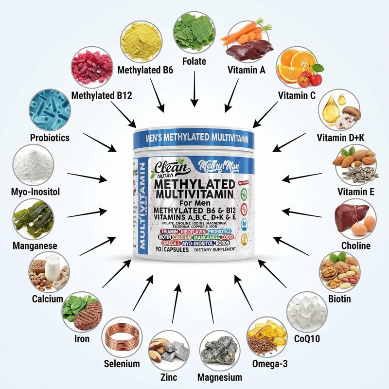 Methylated Multivitamin for Men with Vitamin B12 B6 Choline Magnesium Selenium CoQ10 Iodine Manganese Iron Boron Copper Thiamin Riboflavin Biotin Probiotics Omega 3 | Vegetarian Capsules Mens Vitamins