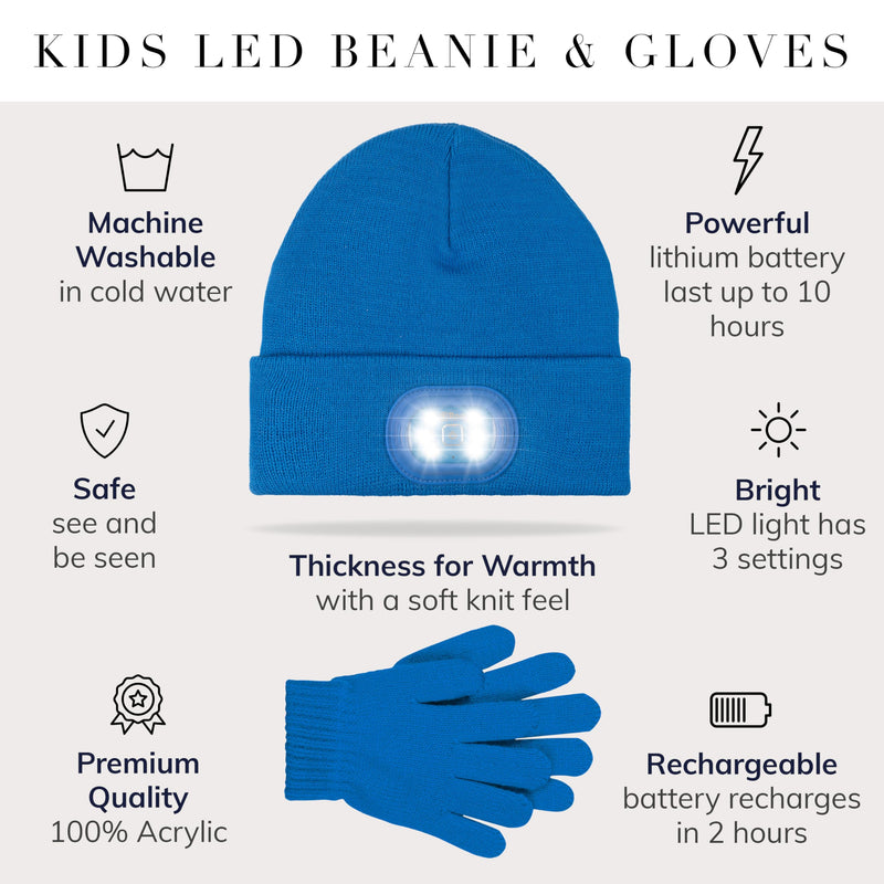 HEAD LIGHTZ by Roq Innovation - Kids Beanie with Light & Glove Set - Unisex LED Beanie Hat with Light Built in, Rechargeable Blue Hat/Glove Set