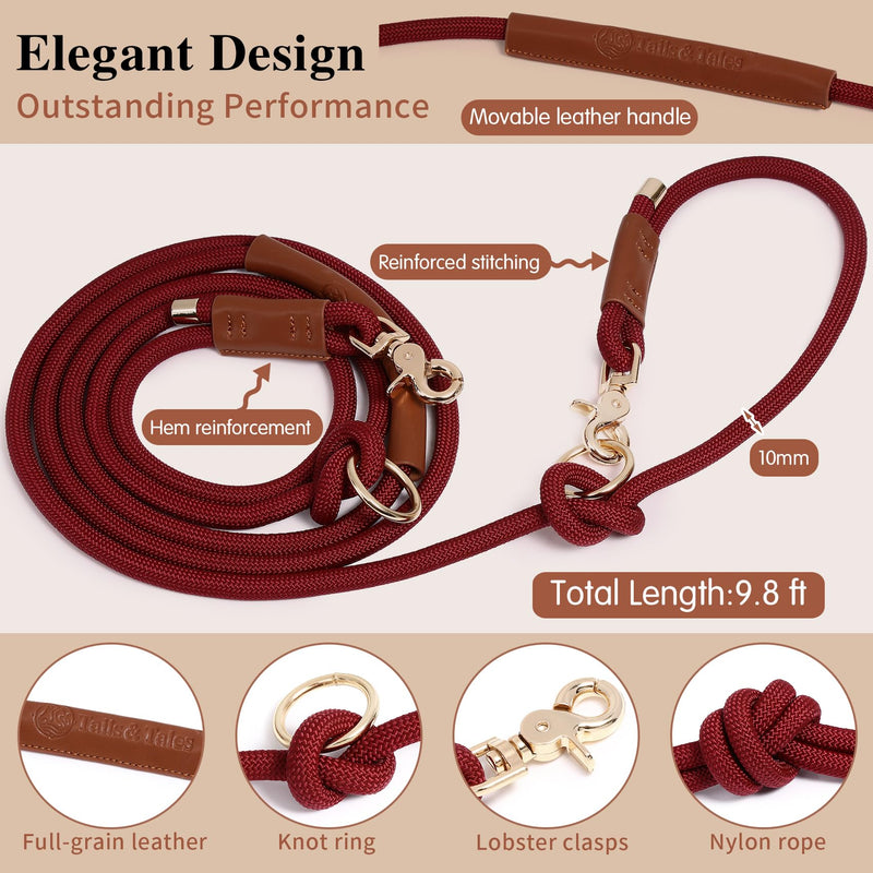 Tails & Tales Hands Free Dog Leash for Walking Running Training, Adjustable Lead Up to 9.8ft, Dogs Up to 125lbs, Crossbody, Dual Handle, Multifunctional, Double Attachment for 2 Dogs (Winery Red) Winery Red - BeesActive Australia