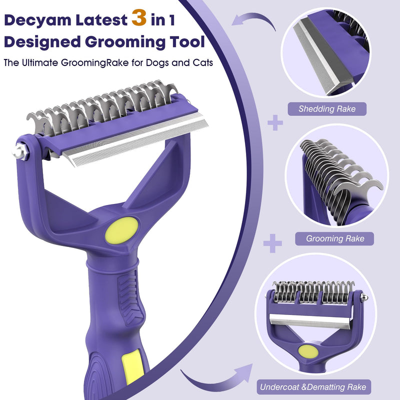 Dog Grooming Brush, Dematting Comb for Dogs and Cats, Pet Grooming Rake for Dogs, Cat Undercoat Deshedding Brush, 3 in 1 Upgraded Version Undercoat Rake for Thick Hair Pets 3 SIDES(3 IN 1) PURPLE - BeesActive Australia