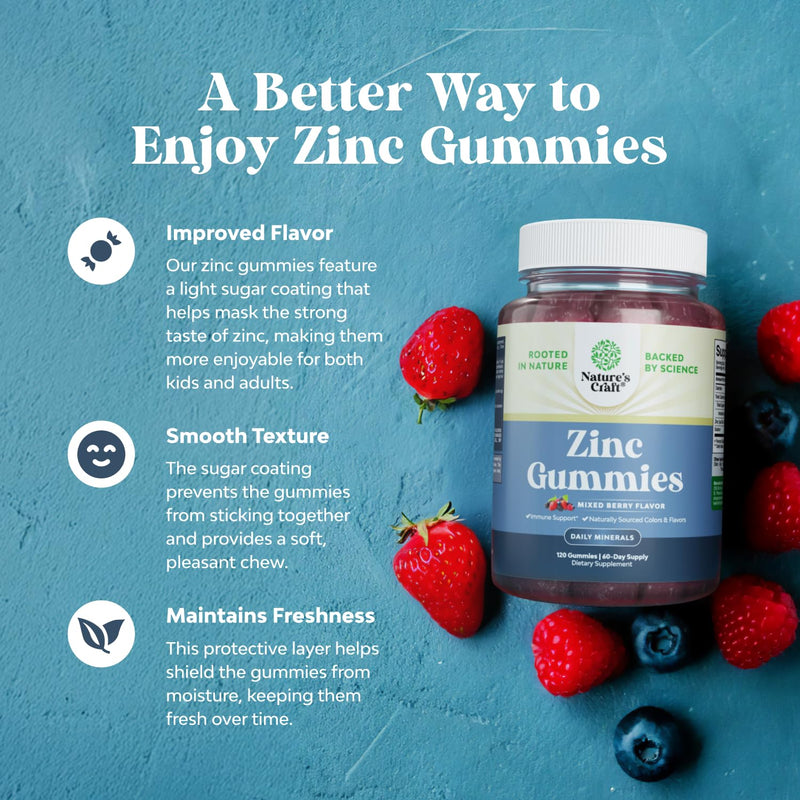 Extra Strength Zinc Gummies for Adults - Chewable Zinc Supplements for Women & Men for Energy & Immune Support - Vitamins & Mineral Supplements - 120 Count Mixed Berry 120 Count (Pack of 1)