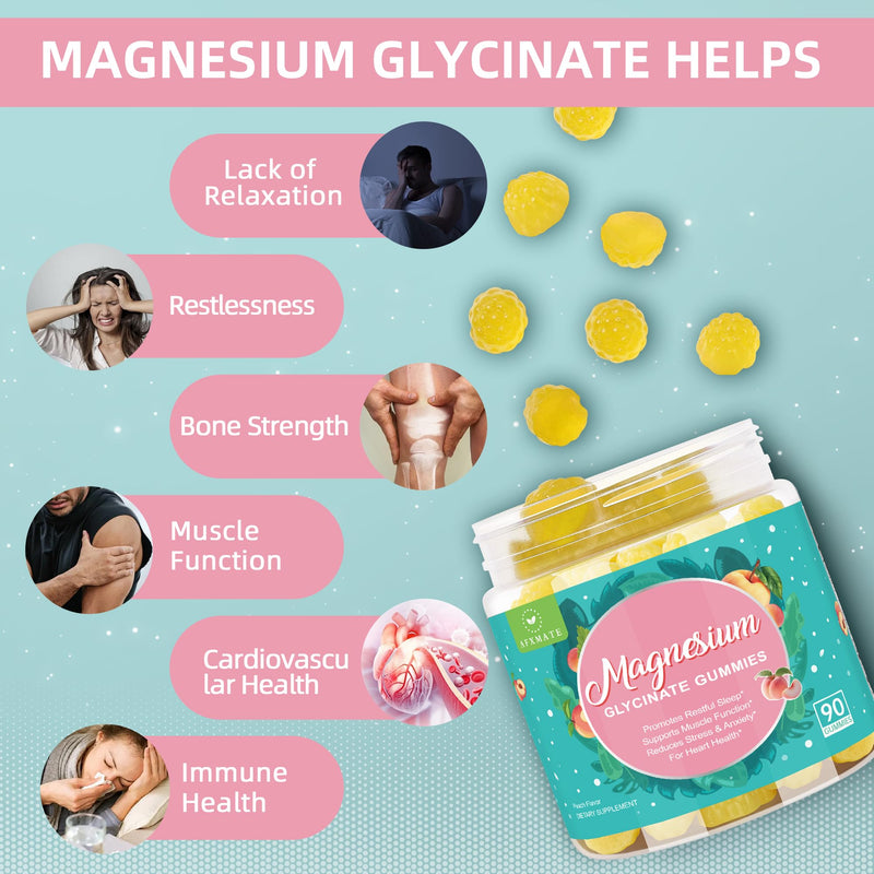 90 Ct Magnesium Glycinate Gummies for Adults Sugar Free | With Glycinate & Malate, L-Theanine, Ashwagandha, Zinc, Vitamin B6 & D3, Supports Relaxation & Sleep Peach Flavor 90 Count (Pack of 1)