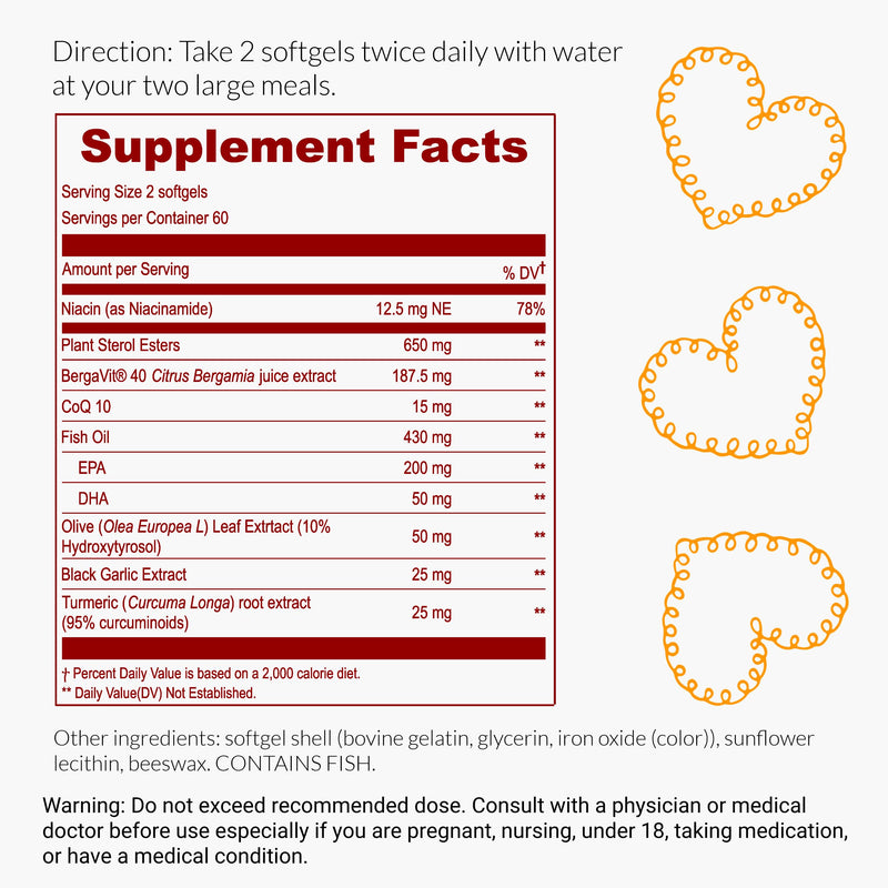 UpNourish Citrus Bergamot Cholesterol Supplement 120ct - Triglyceride Support with Plant Sterols, CoQ10, Omega 3, Olive Leaf Extract, Turmeric Curcumin, Black Garlic, Sterols and Stanols Supplement - BeesActive Australia