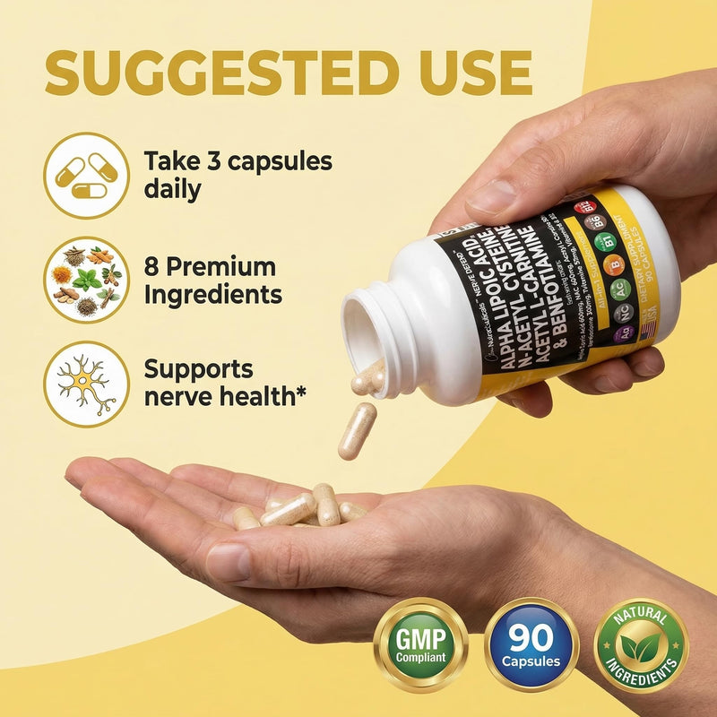 Alpha Lipoic Acid 600mg N-Acetyl Cysteine 600mg Acetyl L-Carnitine 500mg Benfotiamine 300mg - Nerve Support Supplement for Women and Men with Vitamin B1 B6 & B12 - Made in USA 90 Caps 90 Count (Pack of 1)
