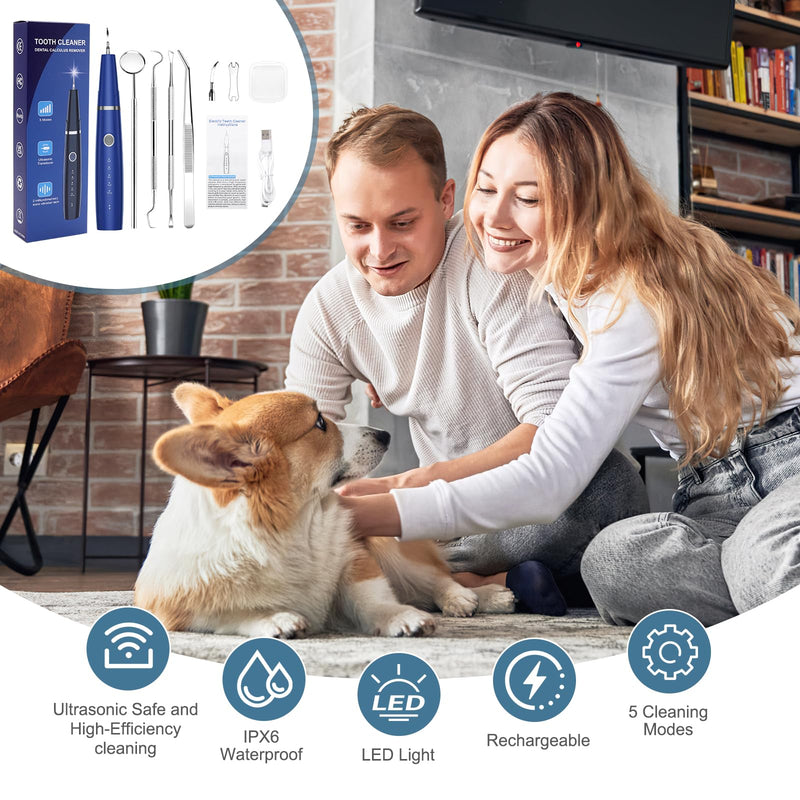 Upgraded Plaque Remover for Teeth, Electric Pet Teeth Cleaning Kit, USB Charging Dog Tooth Brushing Kit, 5 Modes, IPX6 Waterproof Pet Ultrasonic Toothbrush Cleaner for Dogs Cats (Blue) Blue