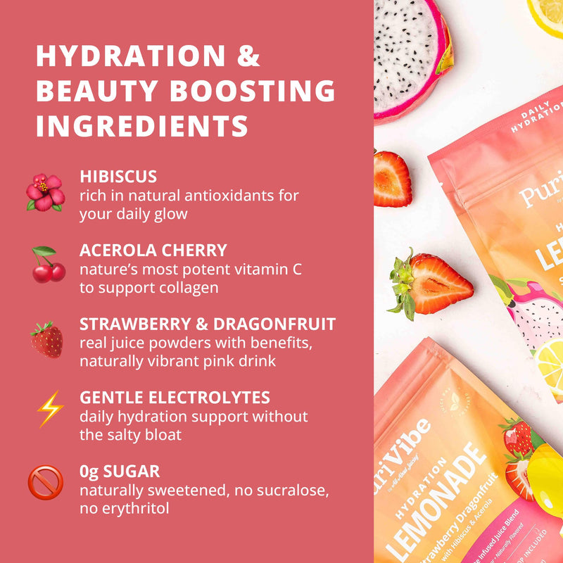 PuriVibe Hydration Lemonade Electrolyte Powder, Strawberry Dragonfruit | Juice Bar-Inspired Hydration Lemonade with Gentle Electrolytes, Real Fruit Powders, Hibiscus, Acerola, and Vitamin C