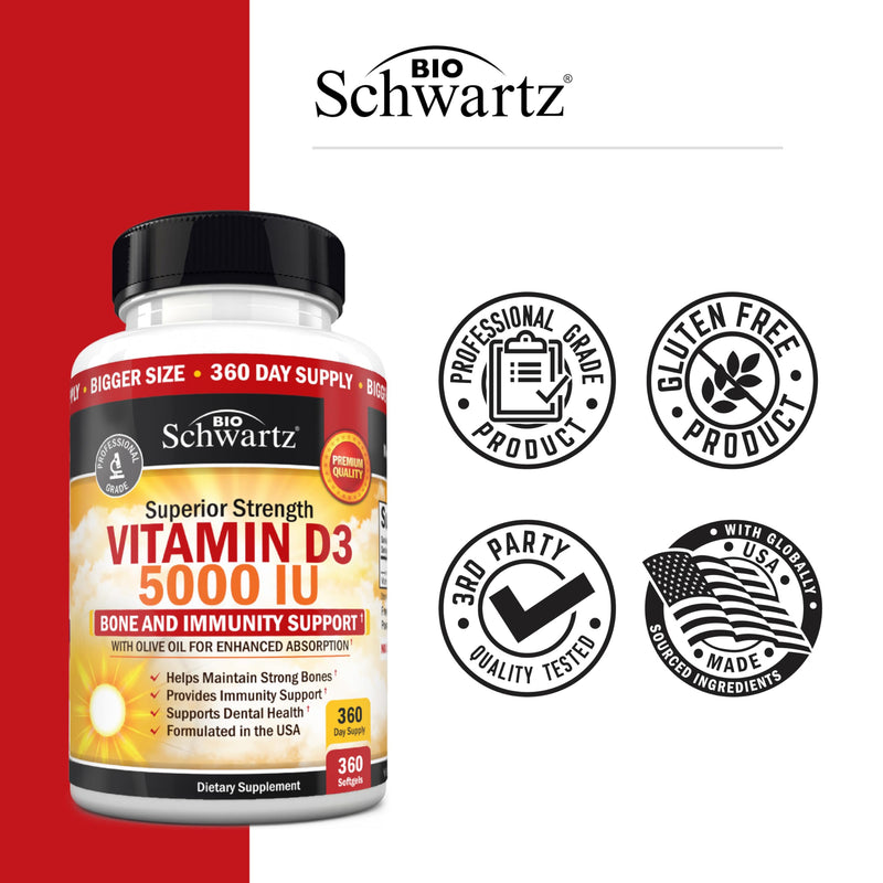 Vitamin D3 5000 IU (125 mcg) Supplement, 360 Softgels | Immune Support, Bone Strength, Healthy Muscle Function, with Olive Oil for Highest Absorption, Gluten Free & Non-GMO