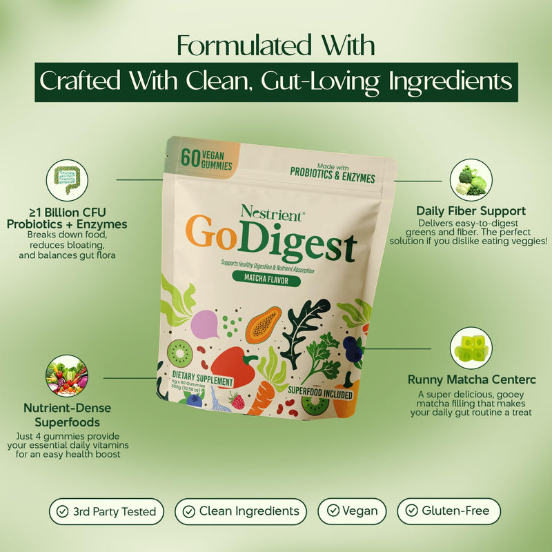 GoDigest Probiotics & Digestive Enzymes Gummies, Matcha, 60ct | Gut Health Support, Bloating Relief, Nutrient Absorption Support, Superfoods & Vitamins, Vegan