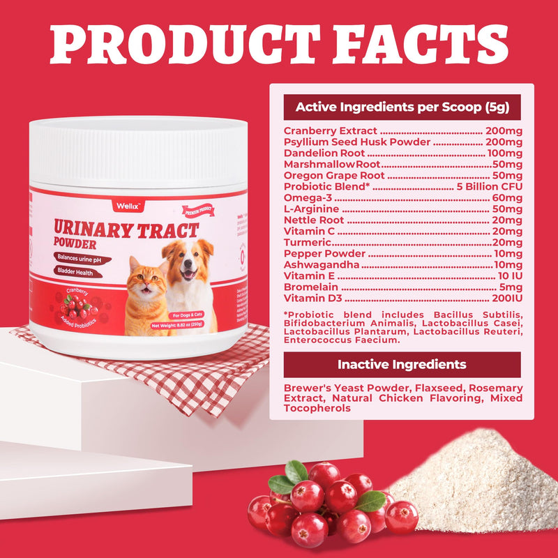 Wellix 8.8oz Large Dog and Cat Urinary Supplement - Rich in Omega-3,Cranberry for Cat UTI Treatment -Urinary Tract Podwer for Bladder & Kidney Support - Mixing with Dog&Cat Food Topper