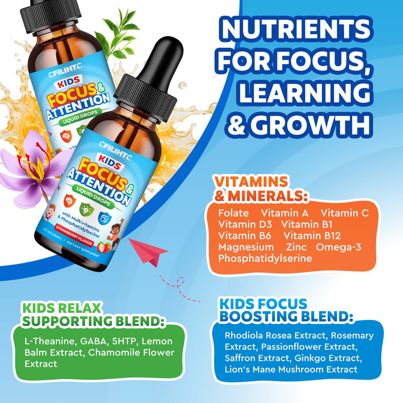 Kids Focus and Attention Supplements with Phosphatidylserine, Omega-3, Magnesium Glycinate & L-Theanine, Brain Vitamins Liquid Drops for Kids Memory, Cognitive, Sleep, Calm & Mood, Strawberry, 4 Fl Oz 4 Fl Oz (Pack of 1)