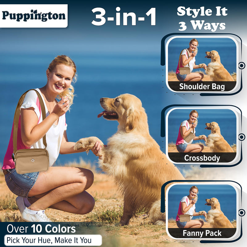 Puppington 3-in-1 Crossbody Bag & Dog Treat Pouch for Pet Training - Matching Compostable Poop Bags, Built-In Poop Bag Dispenser & Slow-Feeding Travel Dog Bowl - Dog Walking Bag (Latte Beige) Latte Beige - BeesActive Australia