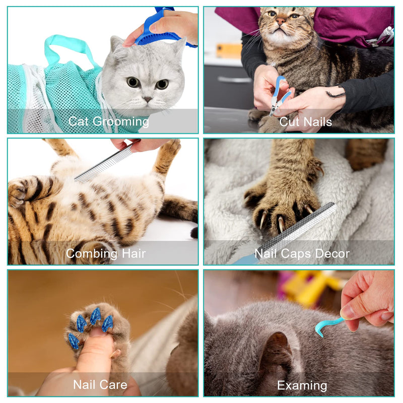 JULMELON Cat Washing Bag 10 PCS Set, Adjustable Cat Shower Net Bag and Pet Grooming Brush with Nail Clipper Nail File Hair Combs Tick Tool Nail Caps for Bathing Nail Trimming Examination（Grey+Green） Grey+Green - BeesActive Australia
