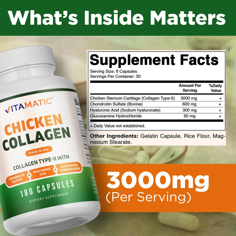 Vitamatic Chicken Collagen 3000 mg (Per Serving) with Glucosamine, Chondroitin & Hyaluronic Acid | 180 Capsules | Non-GMO | Gluten Free