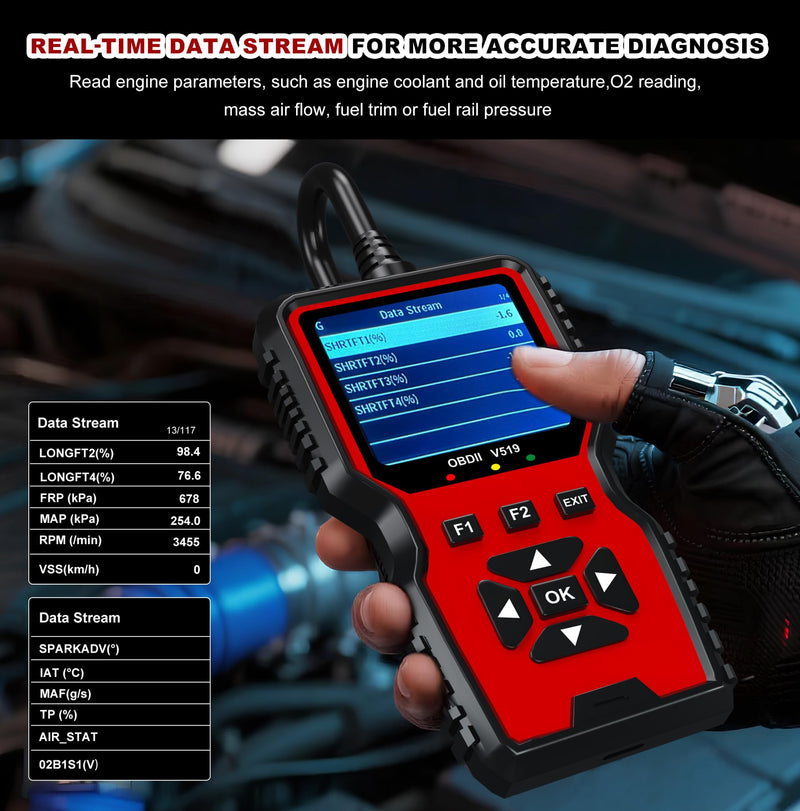 V519 OBD2 Diagnostic Scanner Tool - Vechicle Check Engine Light Code Reader with Battery Voltage Tester, I/M Readiness, Reset, and Code Eraser for All OBDII Car Since 1996 Red - BeesActive Australia