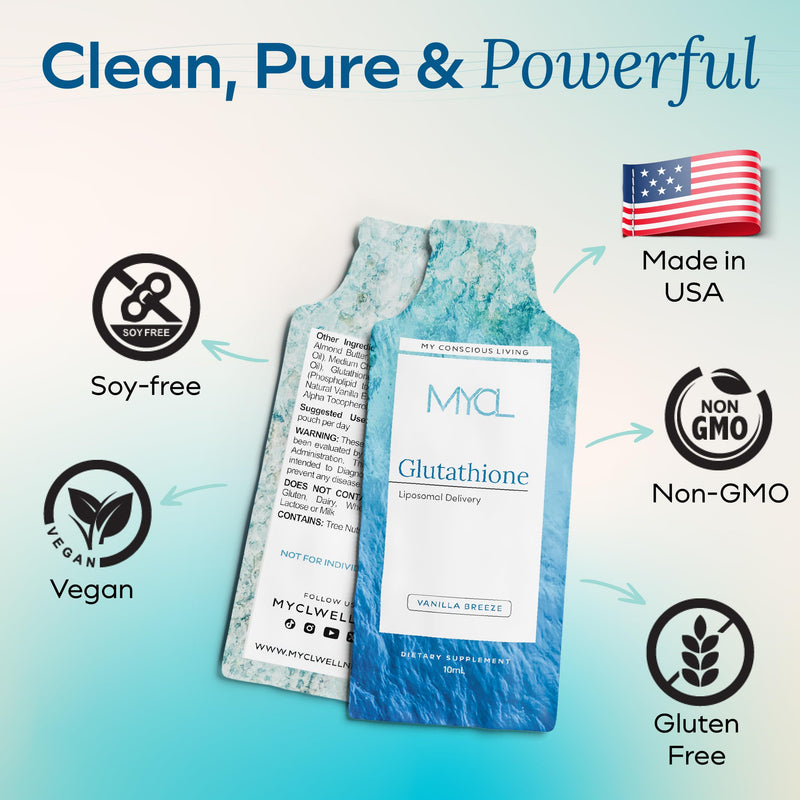 MYCL Liposomal Glutathione Supplement Squeeze Packs – Vitamin E and MCT Oil – Skin, Hair and Nail Health– High Absorption - Vanilla Almond – 30 Single-Serve Packets