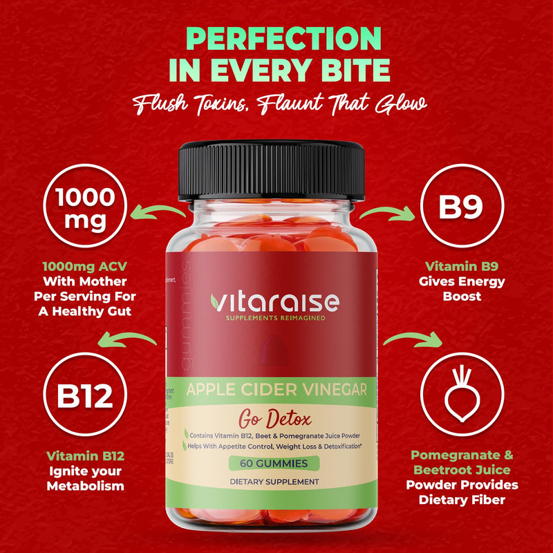 Apple Cider Vinegar Gummies with Mother, B9 & B12, ACV Weight Loss, 60 Ct | Keto Gummies, Detox & Digestion Support, Metabolism Booster, Non-GMO, Vegan, Gluten-Free, Beetroot & Pomegranate, 1000mg