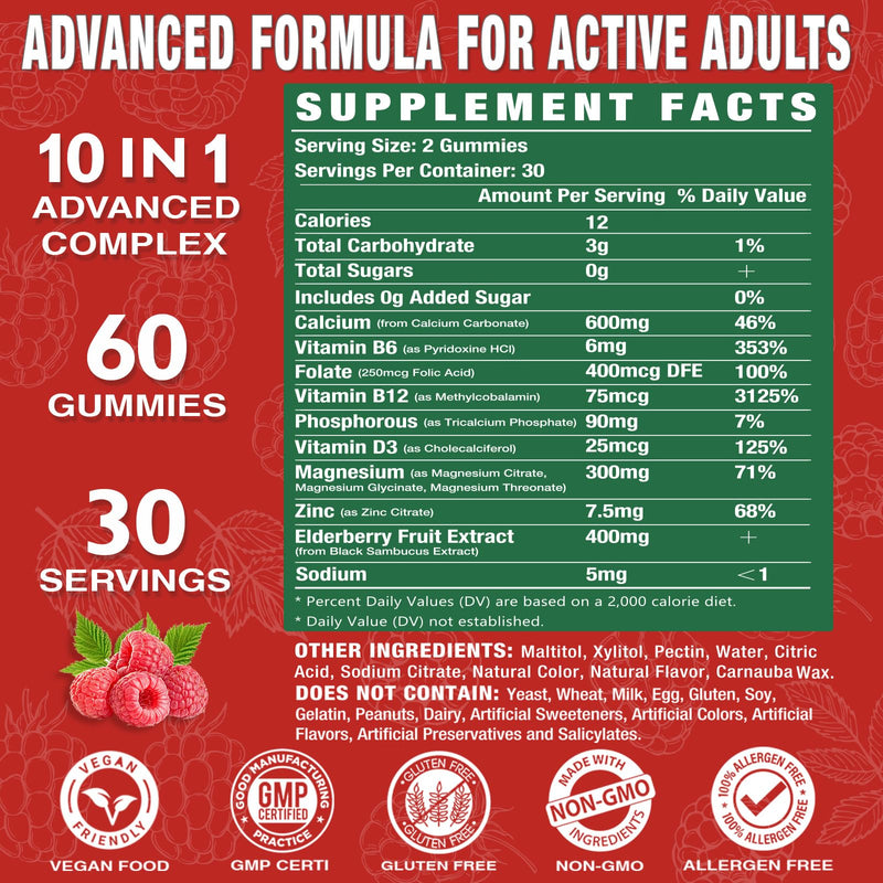 High Absorption Calcium Magnesium Zinc Gummies, Sugar Free Calcium Magnesium Zinc Supplement with D3 | Bone & Teeth Strength | Muscle & Nerve Function | Vegan | Raspberry Flavor | 2 Pack 2pack