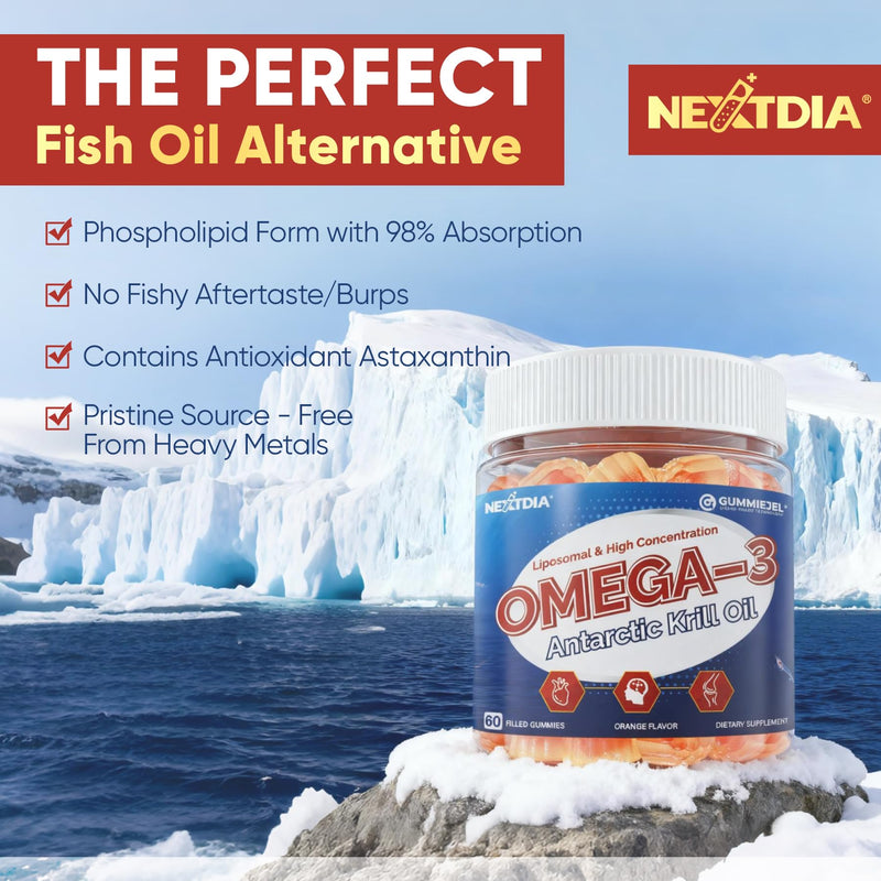 Liposomal Antarctic Krill Oil Omega 3 Gummies 2000mg - Fish Oil Alternative | Cellular Level Absorption Omega-3 with EPA, DHA & Astaxanthin - Antioxidant & Brain Support - 60 Count