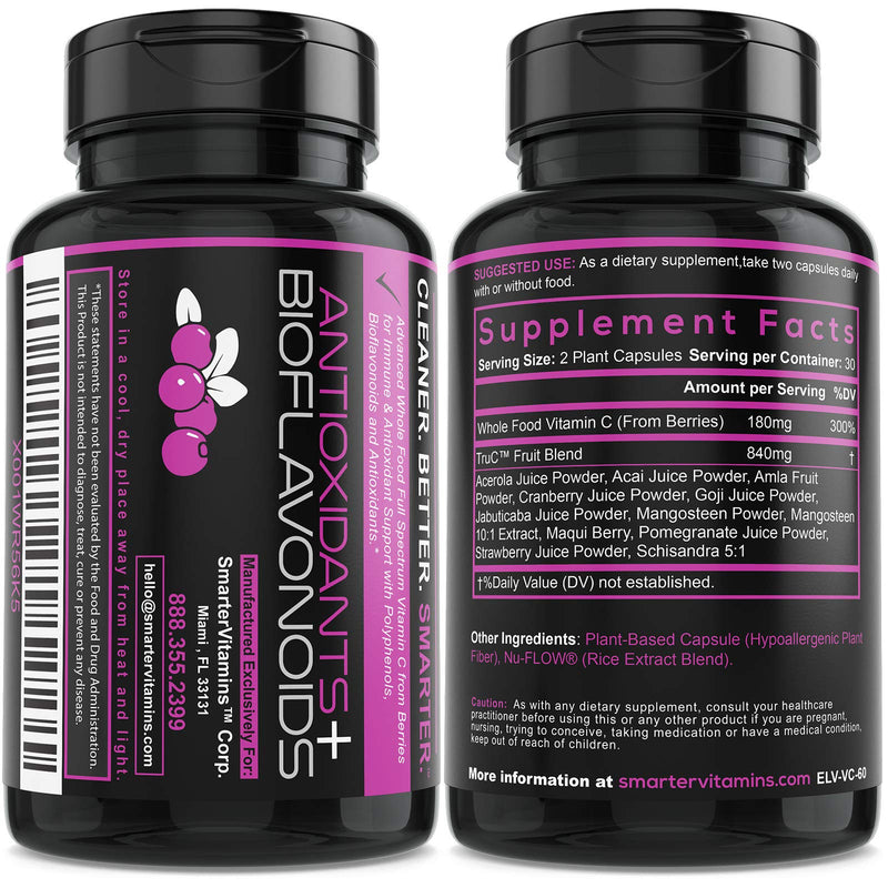 Whole Food Vitamin C Capsules from 11 Berries with Antioxidants, 60 Count | Plant-based TruC with bioflavonoids and polyphenols for immune, collagen and skin support; vegan, non-GMO and easy to digest 1