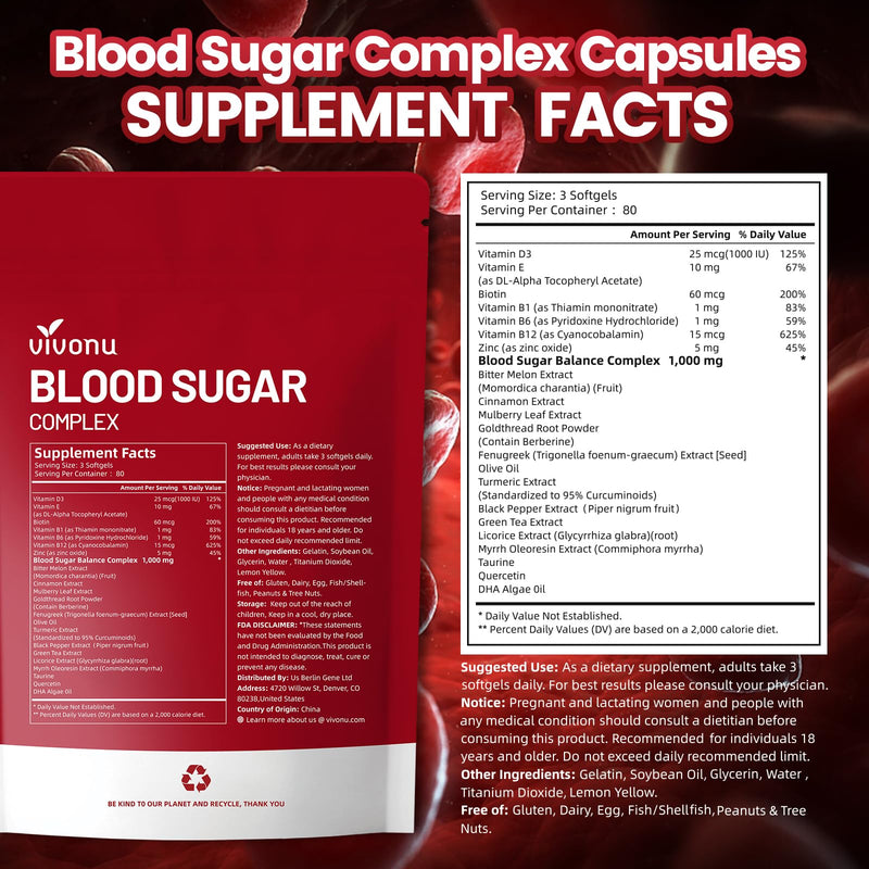 VivoNu Blood Sugar Complex Supplement | Advanced Formula with 20 Herbs and Vitamins with Cinnamon, Turmeric, Black Pepper, Licorice and More, Vegan, Non-GMO, Gluten-Free