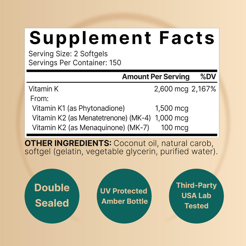 NatureBell Vitamin K Complex, K1 + K2 (MK-7 & MK-4) 2,600mcg Per Serving, 300 Coconut Oil Softgels | Max Absorption – Full Spectrum K Vitamins Supplement | Heart & Bone Support | Non-GMO 300 Count (Pack of 1) - BeesActive Australia