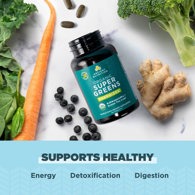 Ancient Nutrition Organic Super Greens Energize Capsules + Probiotics Multivitamin